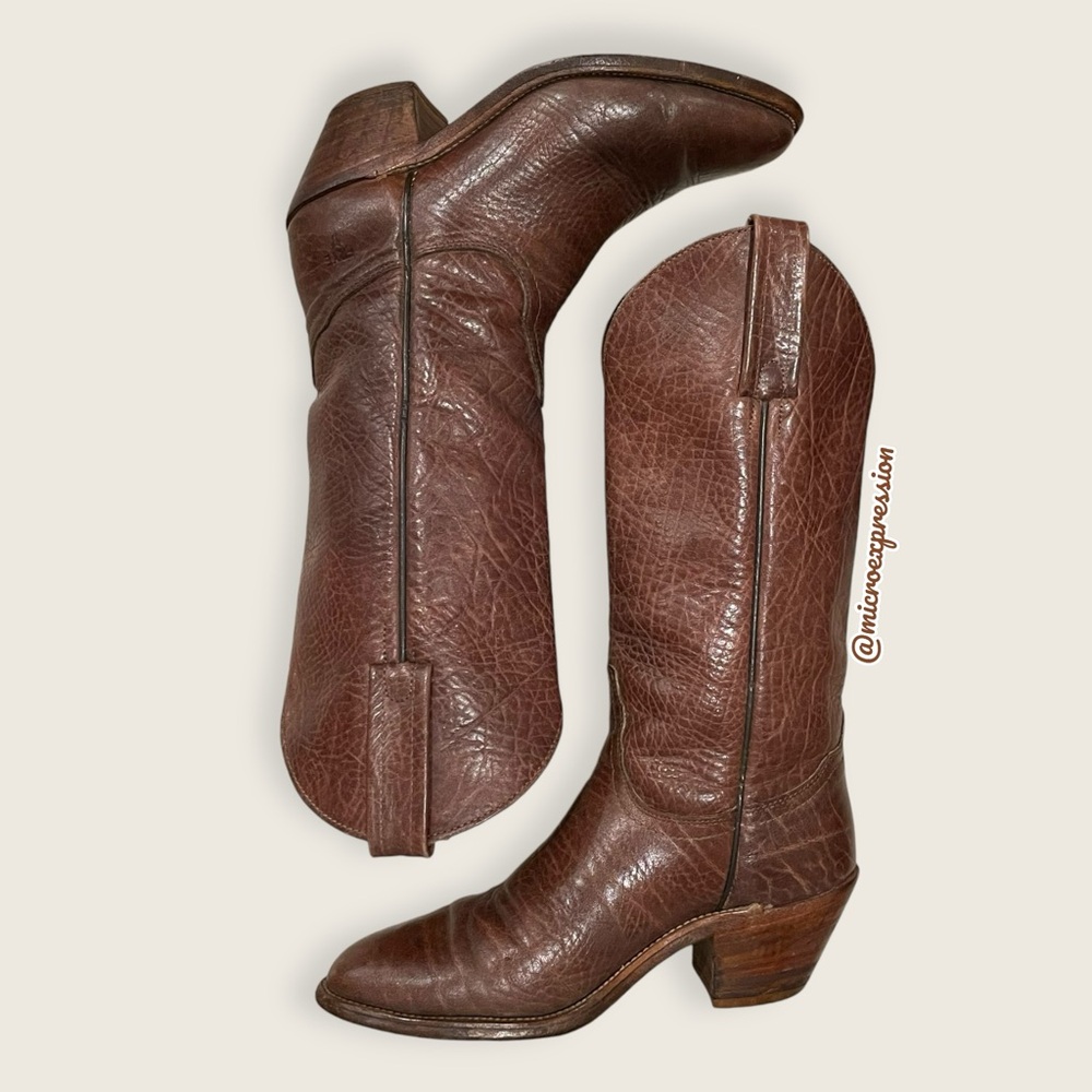 1980s VINTAGE Frye Real Leather Pull On Grainy Brown Pull On Western Cowboy Boot - Picture 16 of 16